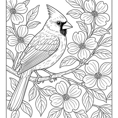 Cardinal Perched On Flowering Dogwood Branch