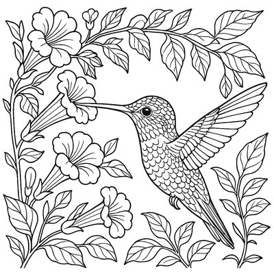 Hummingbird Feeding From Trumpet Vine Flowers