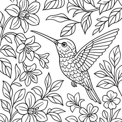 Hummingbird Hovering At Spring Nectar Flowers