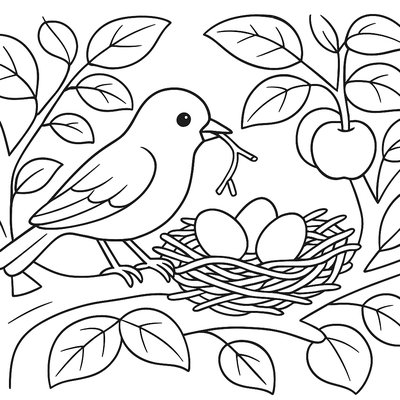 Robin Building A Nest In An Apple Tree Branch