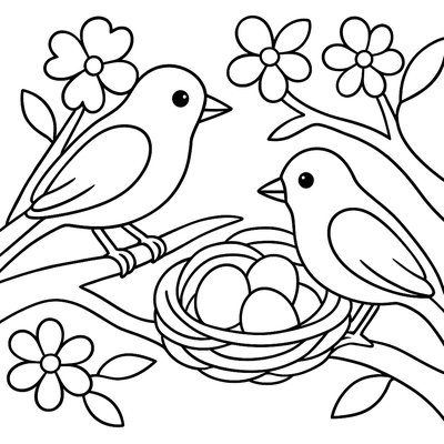Robins Building A Nest In A Blooming Apple Tree