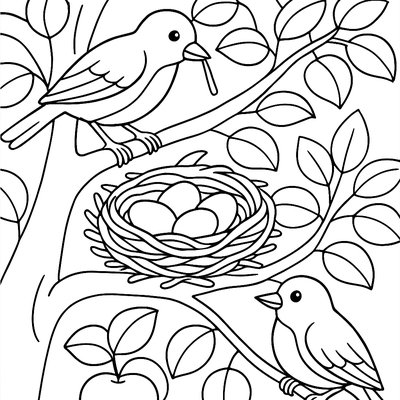 Robins Building A Nest With Eggs In A Apple Tree