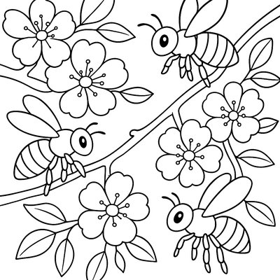 Honeybees Collecting Nectar From Blooming Cherry Blossoms