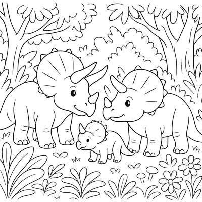 A Gentle Triceratops Family In A Lush Prehistoric Spring Forest