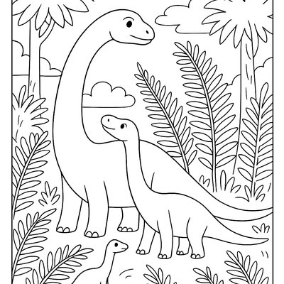 Brontosaurus Family Feeding On Tall Prehistoric Ferns And Trees