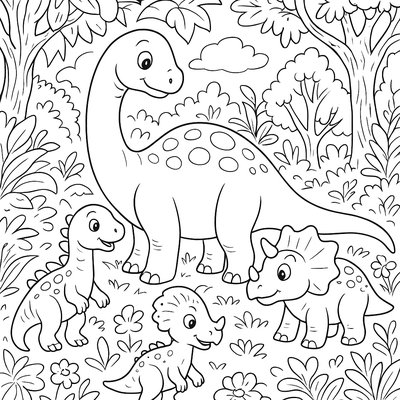 Dinosaur Family In A Lush Prehistoric Spring Forest