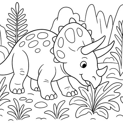 Friendly Triceratops Eating Prehistoric Plants