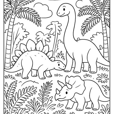 Plant-eating Dinosaurs In Prehistoric Spring Forest
