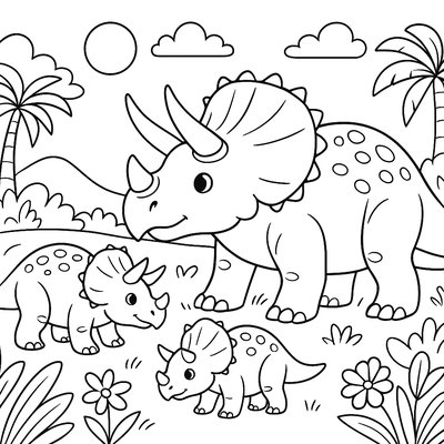 Triceratops Family In Prehistoric Forest With Giant Ferns