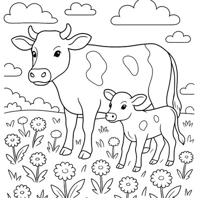 A Cow And Calf In A Field Of Spring Dandelions