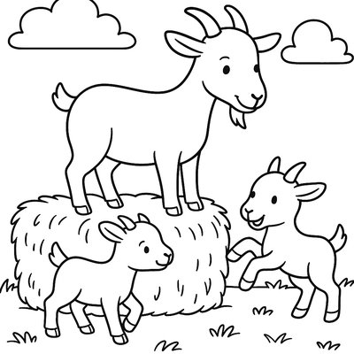 A Mother Goat With Twin Kids Playing On Hay Bales