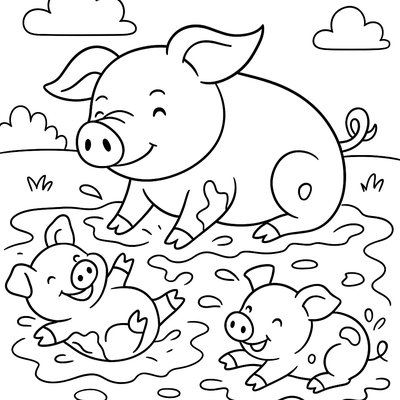A Mother Pig With Baby Piglets Rolling In Mud
