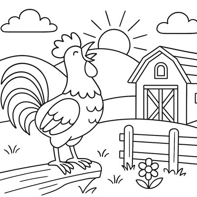A Rooster Crowing At Sunrise In A Barnyard