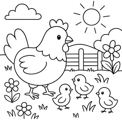 Mother Hen With Baby Chicks Exploring Farmyard In Spring