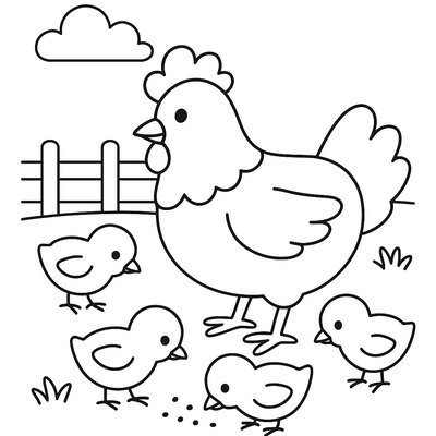 Mother Hen With Chicks Pecking In Farmyard