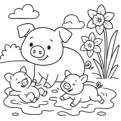 Mother Pig With Piglets Rolling In Mud Puddle Near Daffodils