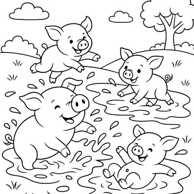 Pig Family Rolling In Mud Puddle After Spring Rain