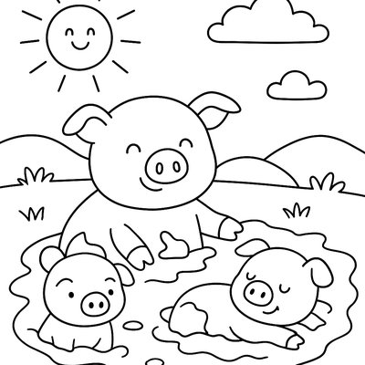 Pig Family Wallowing In Mud On Warm Spring Day