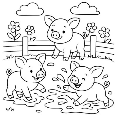 Piglets Playing In Muddy Spring Pen