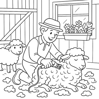 Sheep Being Sheared In Barn With Spring Flowers In Window Boxes