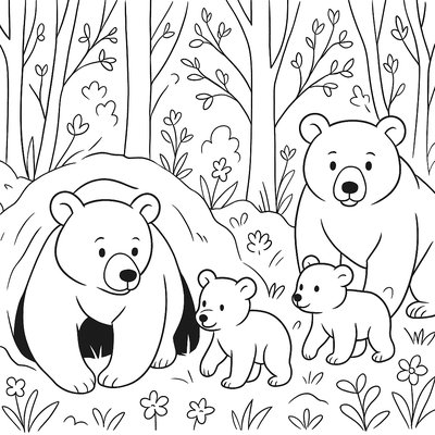 Bears Emerging From Winter Dens With Cubs In Spring Forest