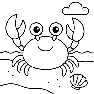 A Simple, Friendly Crab With Big Eyes And Claws On A Sandy Shore With A Single Seashell