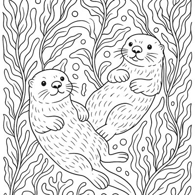 Sea Otters Floating Among Kelp Forest