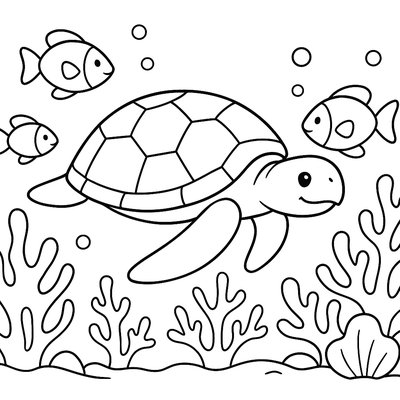 Sea Turtle Swimming Among Coral Reefs With Tropical Fish