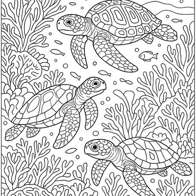 Sea Turtles Swimming Through A Coral Reef Cleanup Effort By Divers