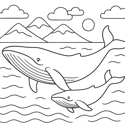 Whale Migration Scene With Mother And Baby Whale