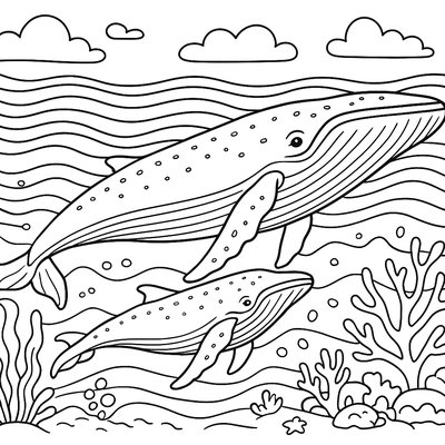 Whale Migration Scene With Mother And Calf