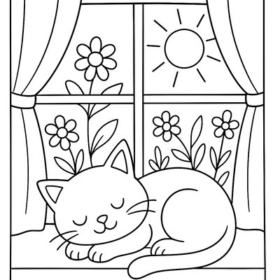 A Cat Napping In A Sunny Window With Flowers Outside
