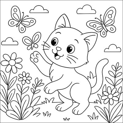 A Cat Playing With Butterflies In A Garden