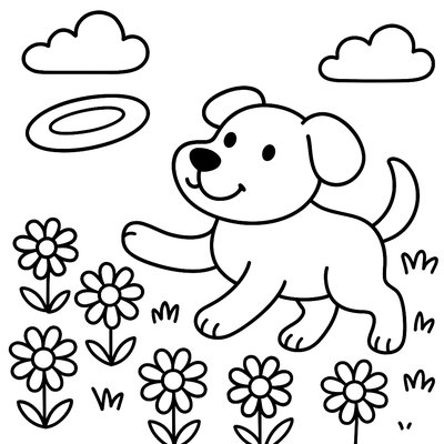 A Dog Playing In A Field Of Spring Daisies With A Frisbee