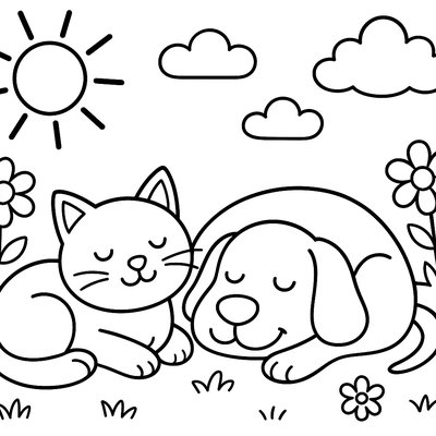 Cat And Dog Napping Together In Sunny Garden Patch