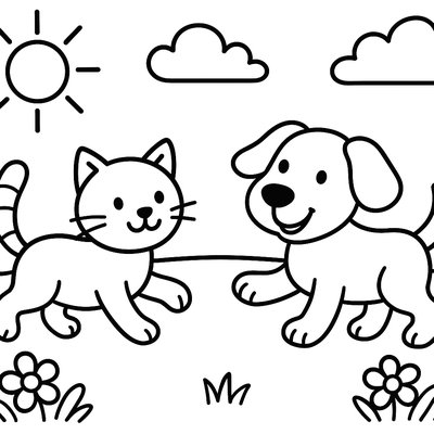 Cat And Dog Playing Together In Sunny Yard