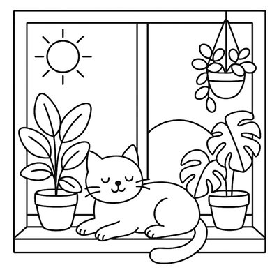 Cat Lounging In Sunny Window With Houseplants