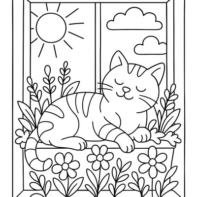 Cat Lounging In Sunny Window With Plants