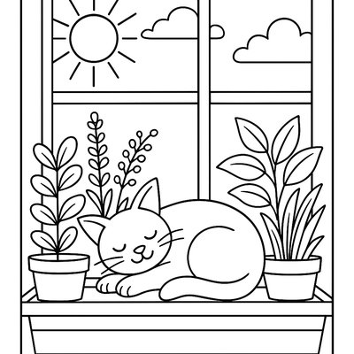 Cat Napping In Sunny Windowsill Garden Box With Herbs