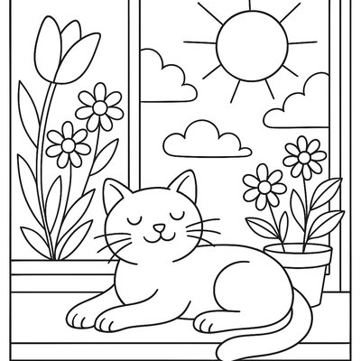 Cat Sunbathing By Window With Spring Flowers