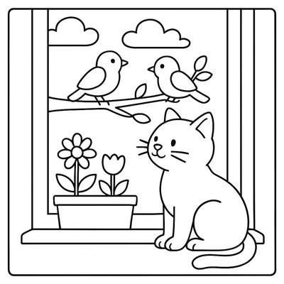 Cat Watching Birds From Windowsill Garden