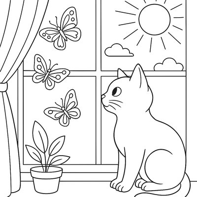 Cat Watching Butterflies From A Sunny Window Sill