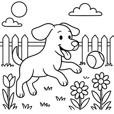 Dog Playing Fetch In Backyard With Spring Flowers