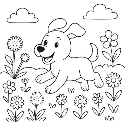 Dog Playing In A Field Of Dandelions And Spring Flowers