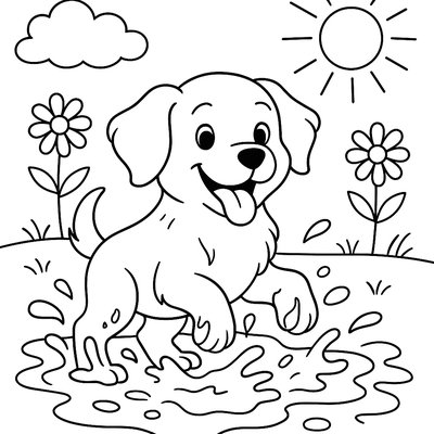 Golden Retriever Puppy Playing In Field Of Dandelions