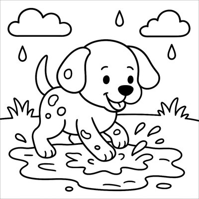 Puppy Playing In Mud Puddle After Spring Rain