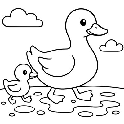 A Baby Duck Following Its Mother Through Puddles