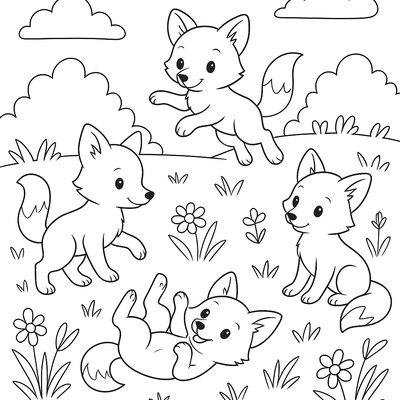 A Family Of Baby Foxes Playing In A Meadow