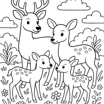 A Family Of Deer With Spotted Fawns In A Meadow