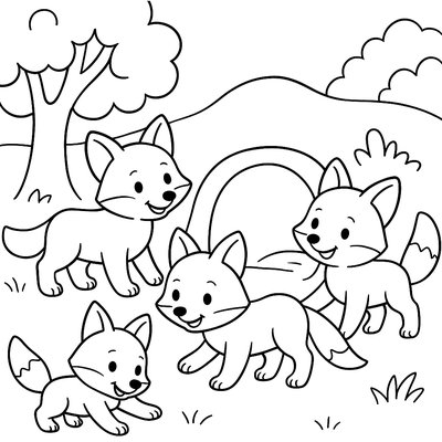 A Family Of Foxes With Three Kits Playing Outside Their Den